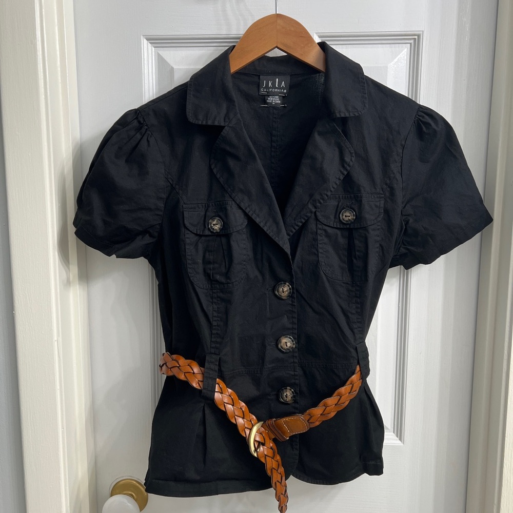 Black JKLA California Blouse + Brown Braided Leather Belt Bundle – Size M